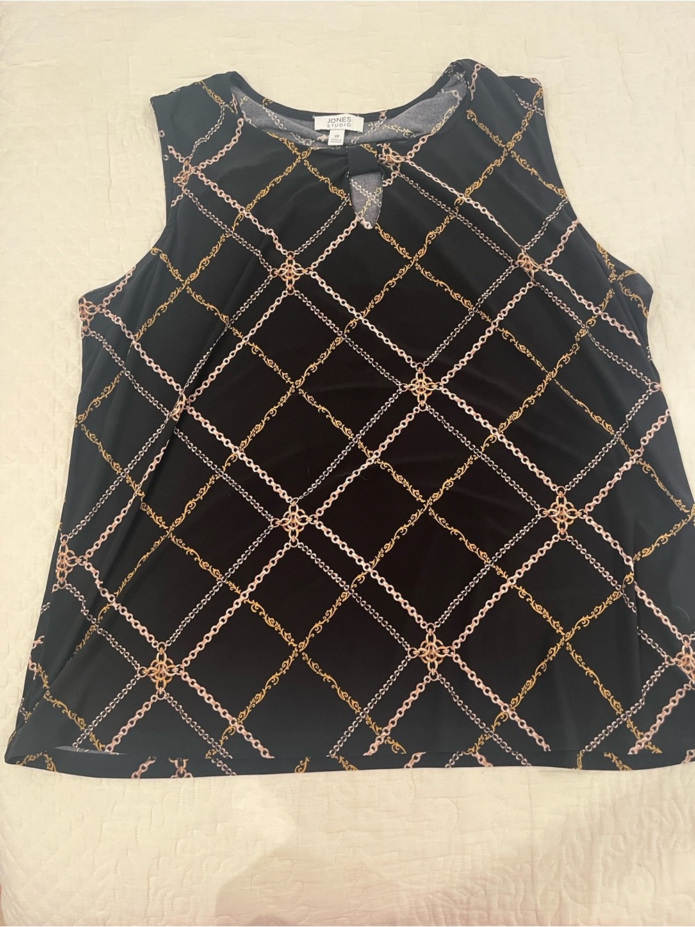 Jones Studio Black Tank Top with Gold & Light Pink Chain Lattice